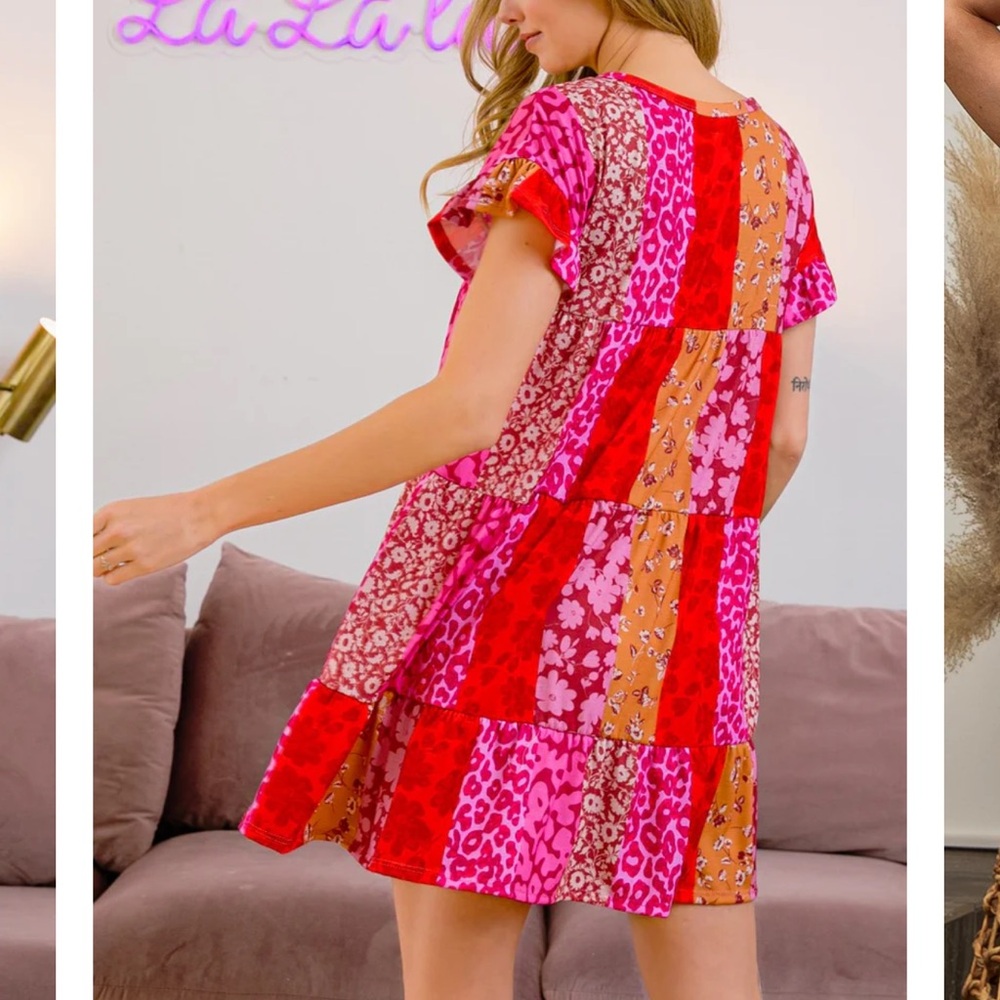 BiBi Patchwork Floral & Animal Print Mini Dress in Pink, Red & Orange